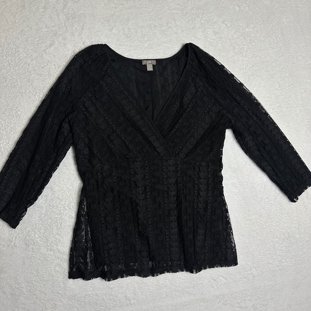 J. Jill Womens Small Black Lace Surplice V-Neck 3/4 Sleeve Stretch Top Faux Wrap